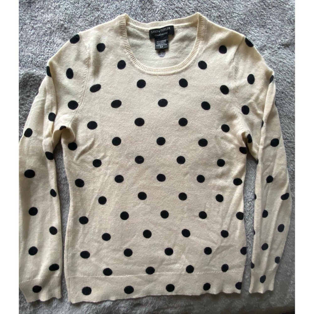 Lord & Taylor Cashmere Pullover Crew Sweater S/P Cream Ivory Polka Dots s11